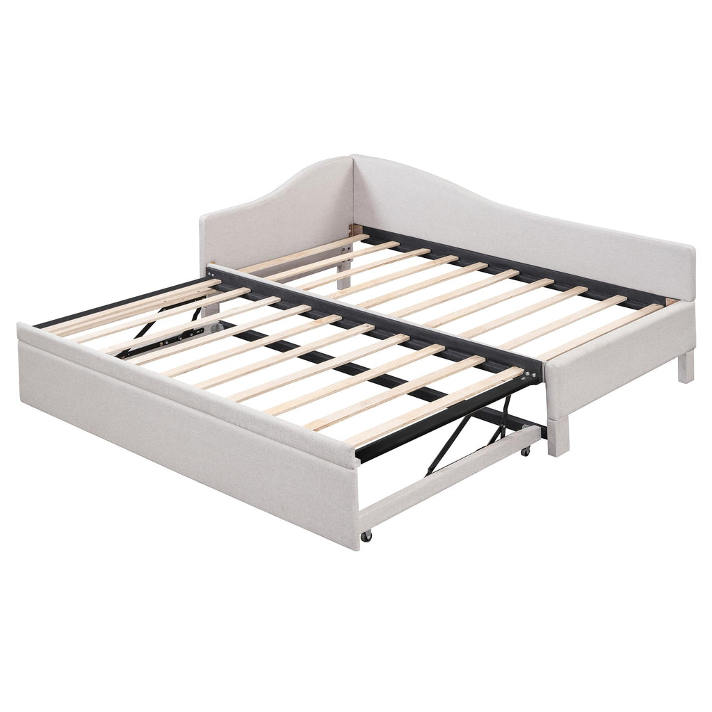 Beige Linen Upholstered Twin Size L-Shaped Daybed with Pop Up Trundle T154169