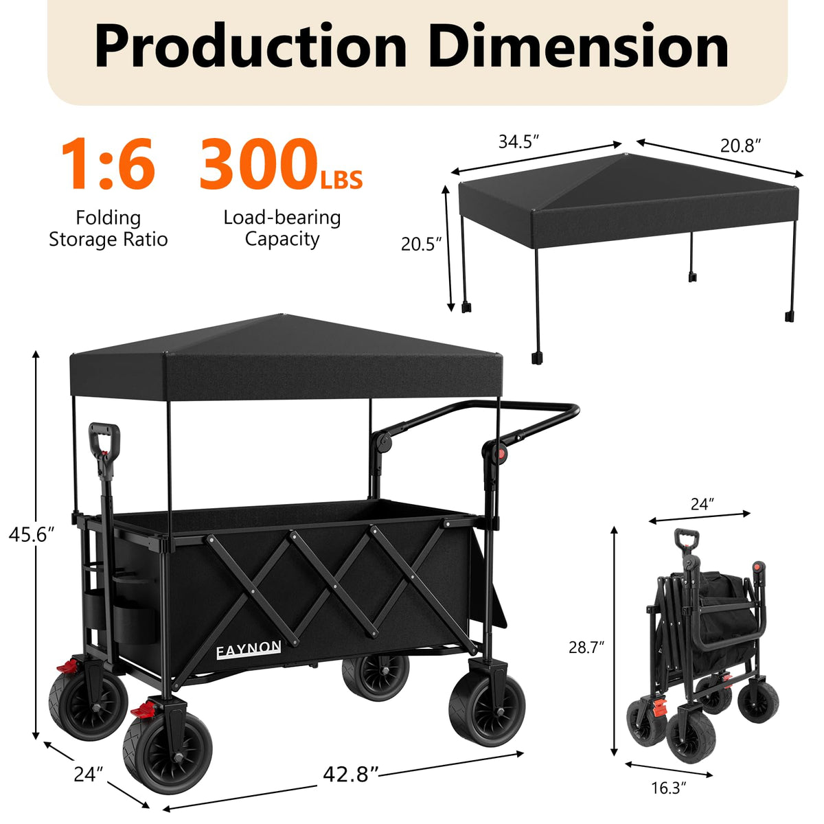 Collapsible Wagon with 300lbs Capacity, 150L Heavy Duty Utility Cart, Black I470950