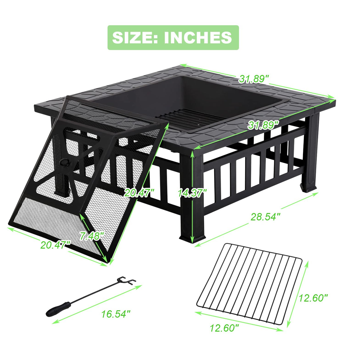 32" Square Wood Burning Fire Pit Table with Spark Screen Q392
