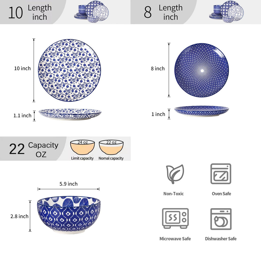Ceramic Plates and Bowls Set, 12 Pieces Dinnerware Set for 4 Z2865
