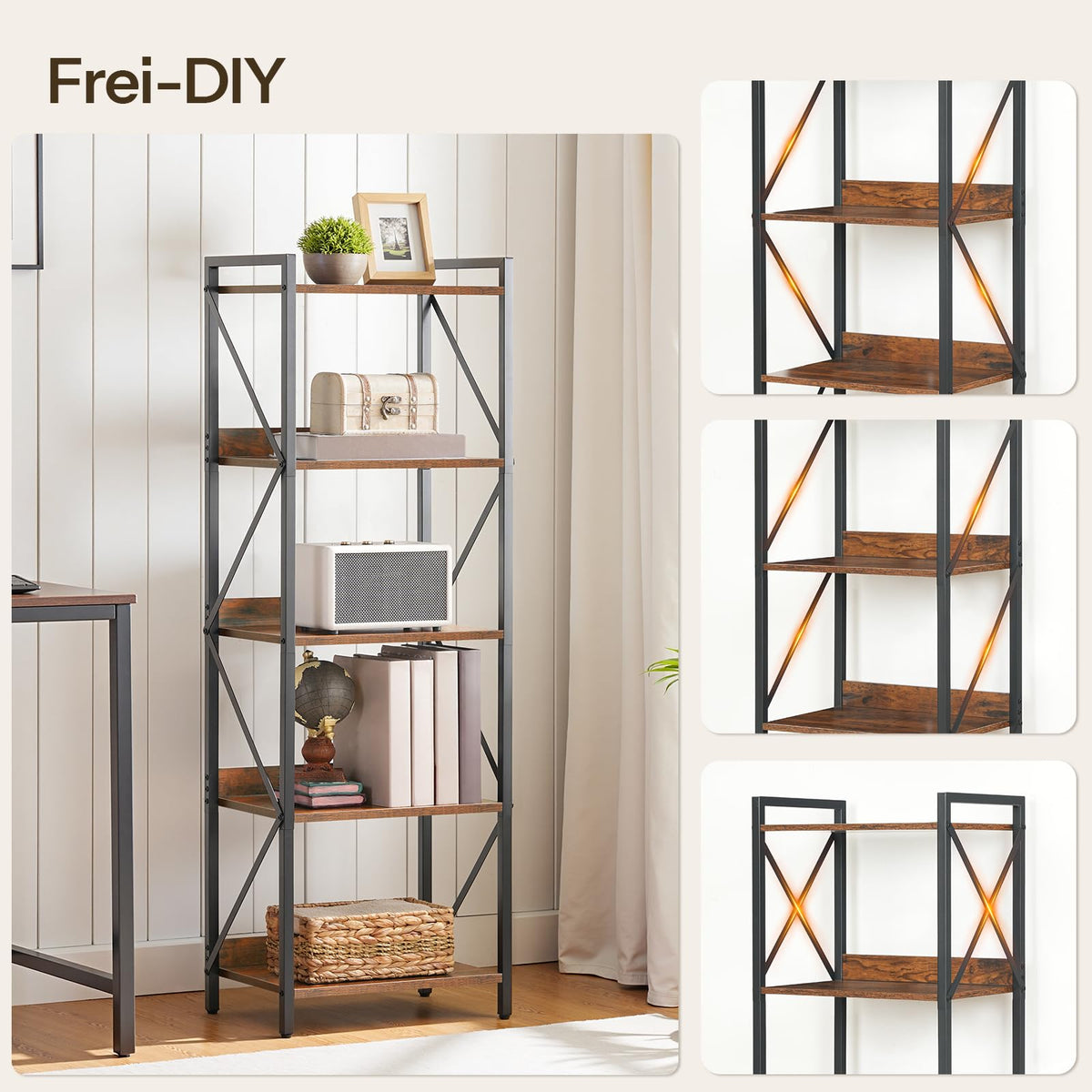 5-Tier Industrial Bookshelf with Metal Frame A587