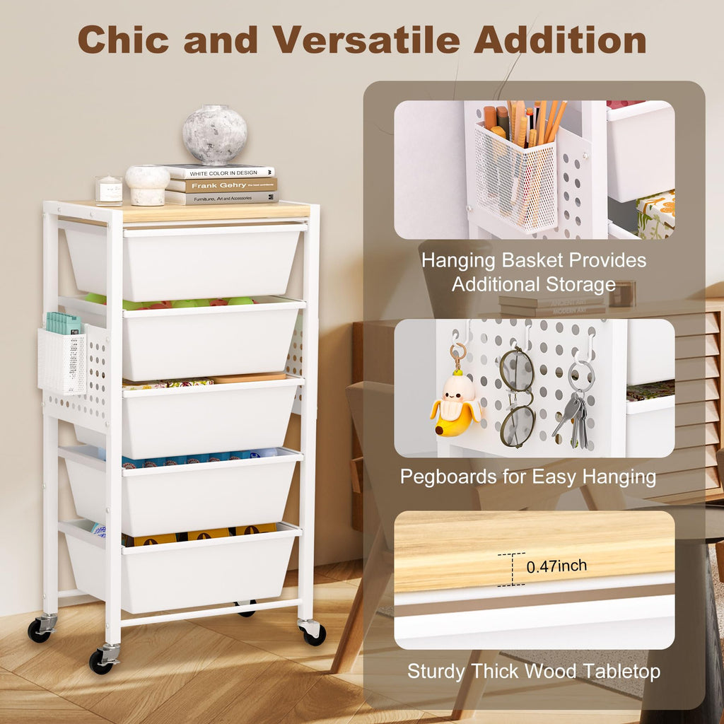 Rolling Storage Cart with 5 Plastic Drawers and Wooden Tabletop S91056