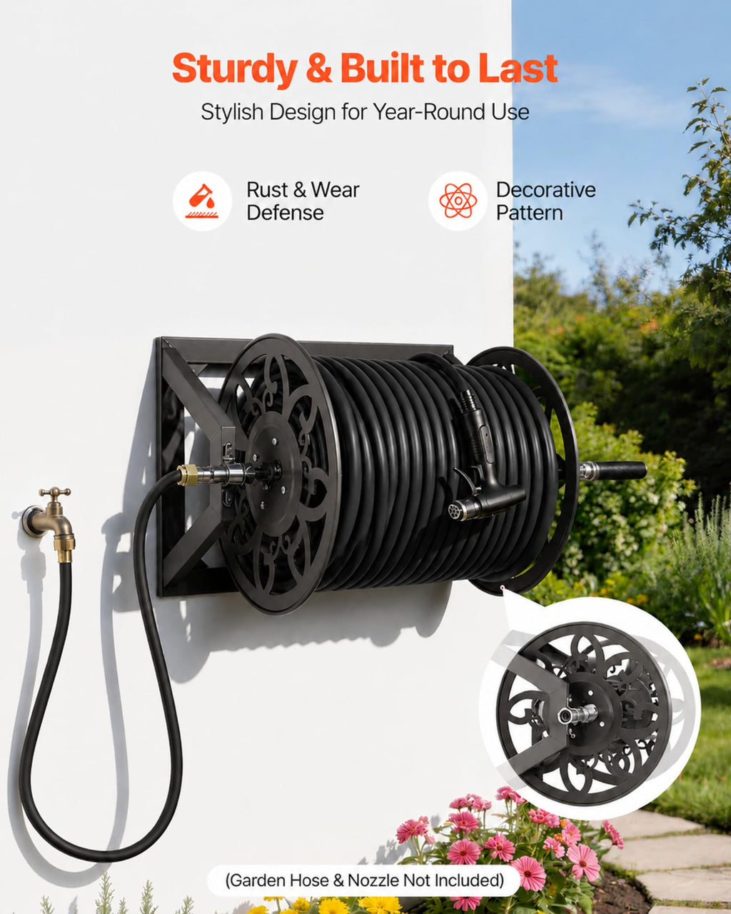 Wall Mounted Garden Hose Reel, Holds 200 ft 5/8" Hose, Heavy-Duty Steel Manual Winder H627