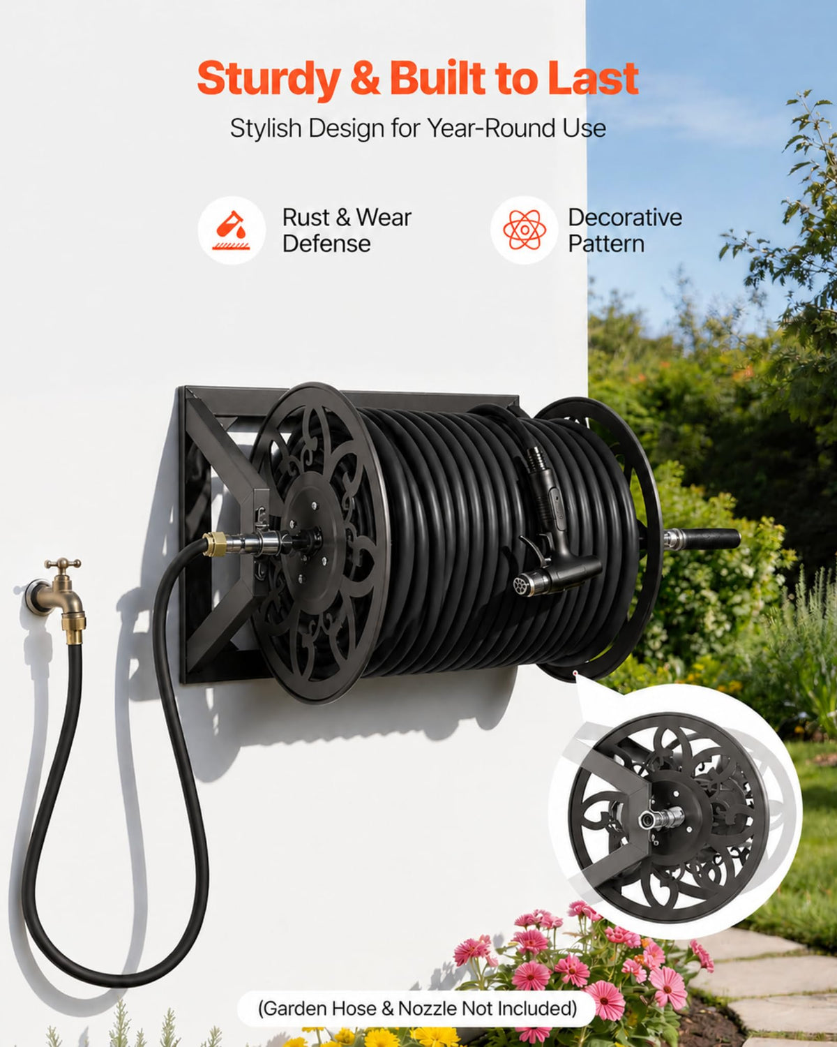 Wall Mounted Garden Hose Reel, Holds 200 ft 5/8" Hose, Heavy-Duty Steel Manual Winder H627