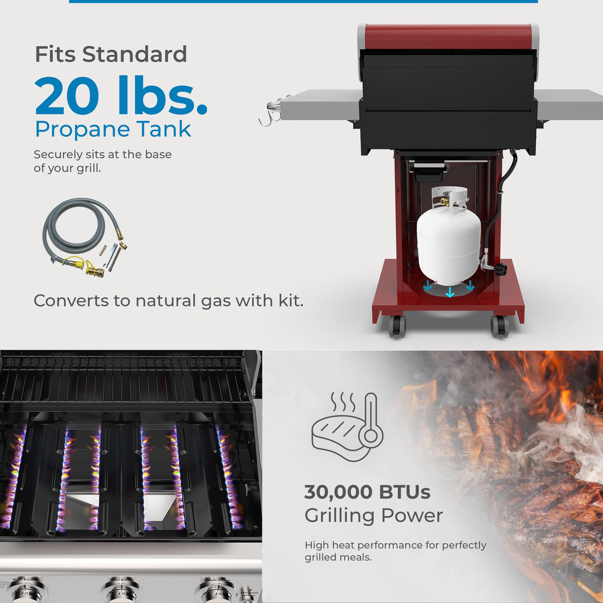3-Burner Liquid Propane Gas Grill with Folding Sides, Wheels, 30000 BTU, Red Y200