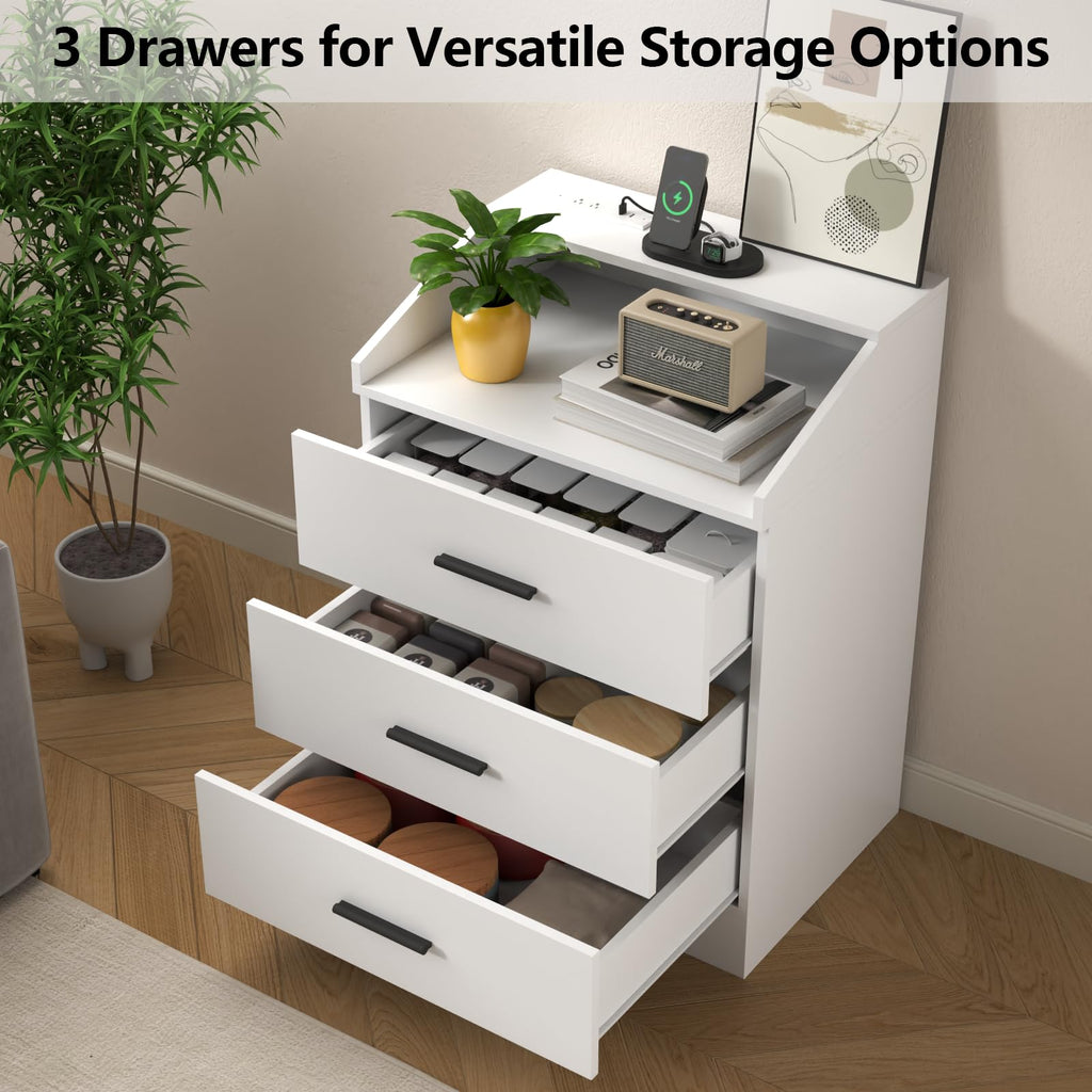 White 3 Drawer Nightstand with Charging Station D10765