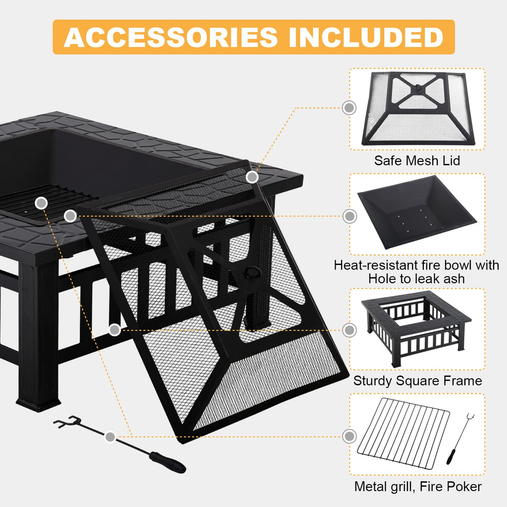 32" Square Wood Burning Fire Pit Table with Spark Screen Q392