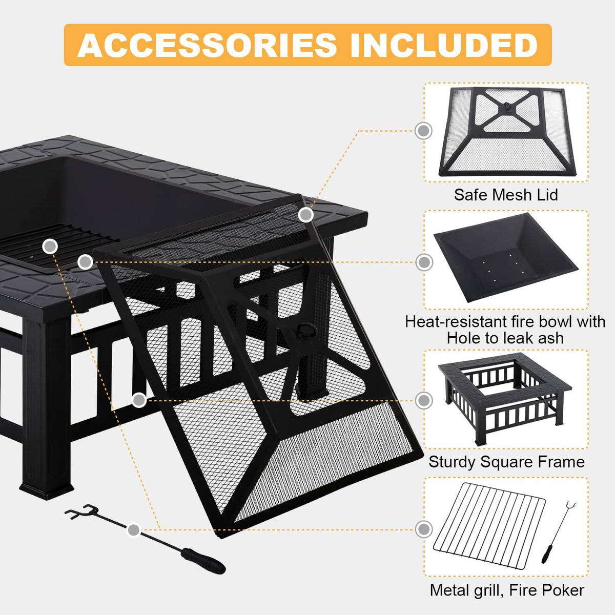32" Square Wood Burning Fire Pit Table with Spark Screen Q392