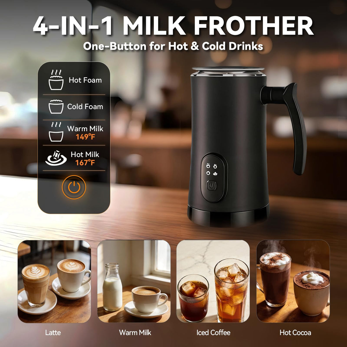 4-in-1 Electric Milk Frother and Steamer Black P982698