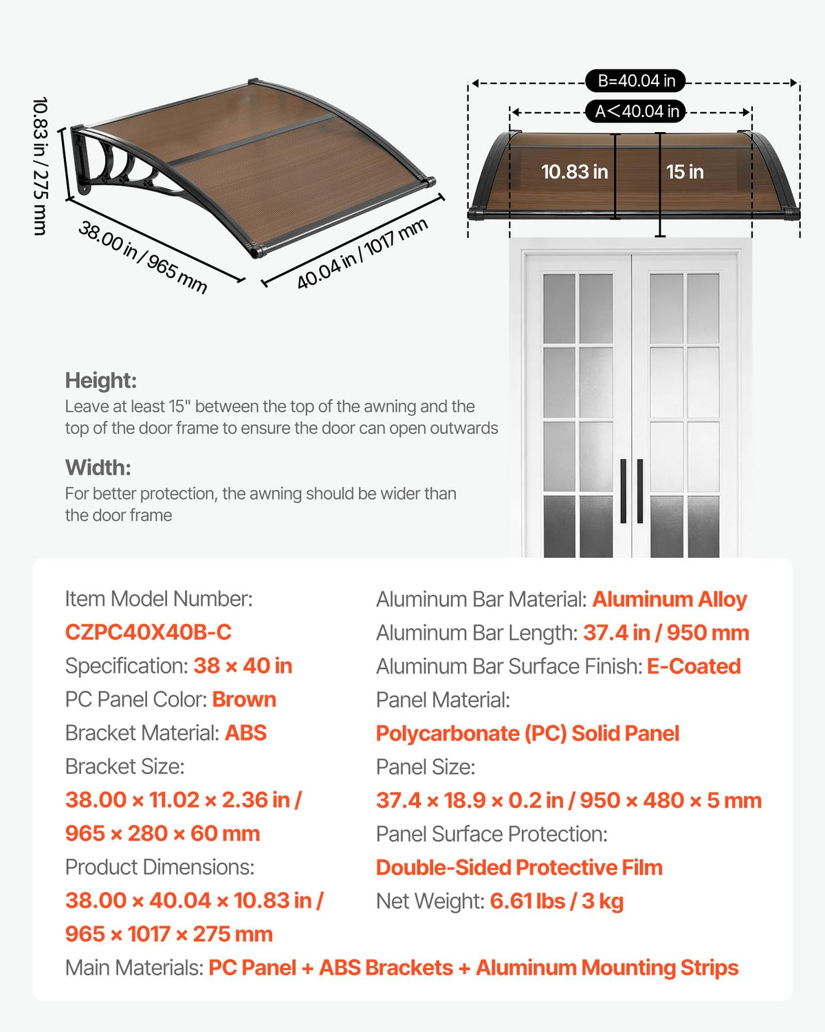 38" x 40" Door Window Awning Z6812