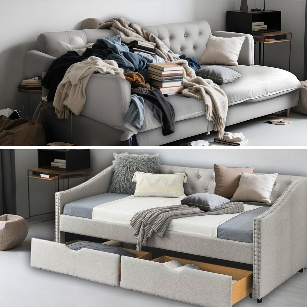 Twin Linen Upholstered Daybed with 2 Storage Drawers B650804