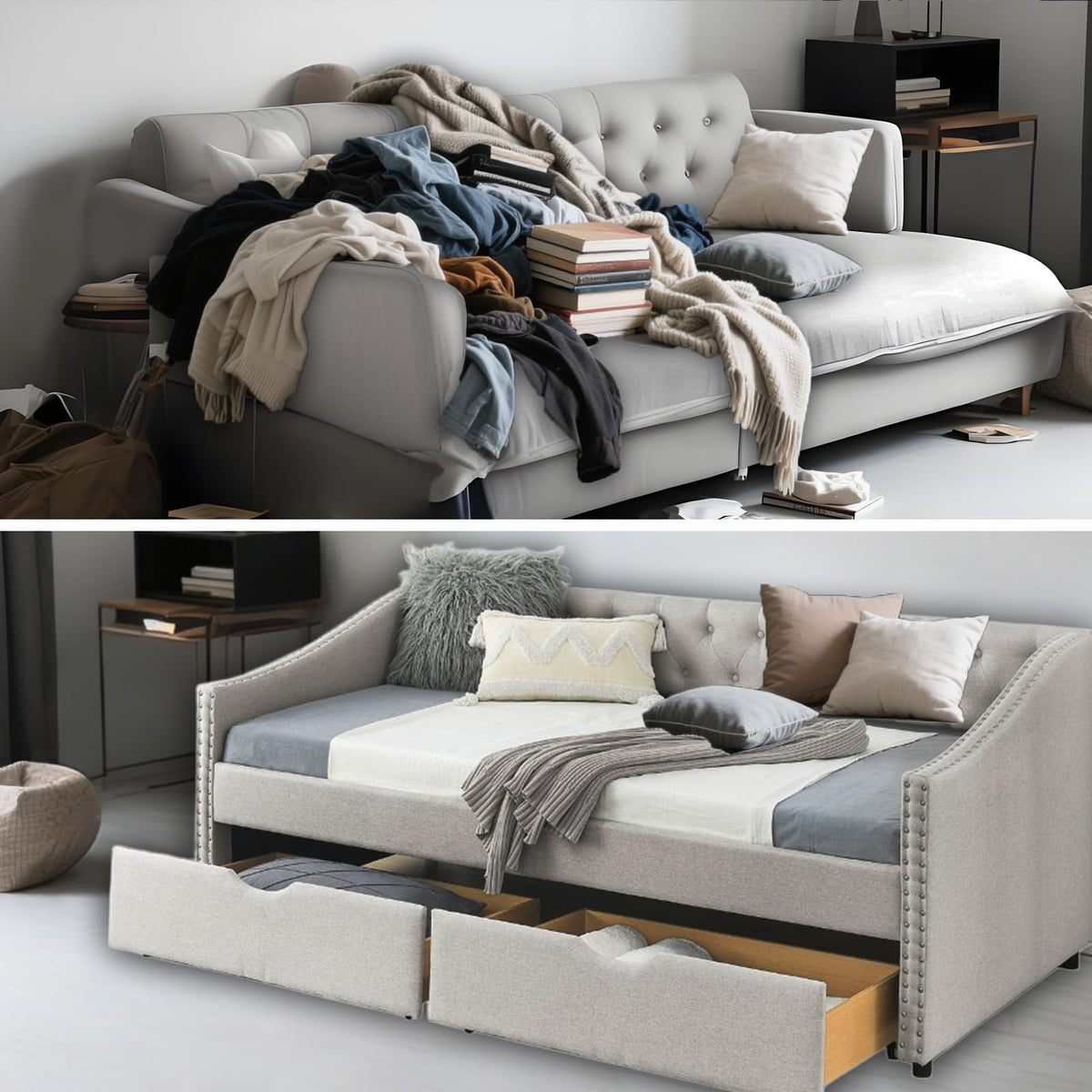 Twin Linen Upholstered Daybed with 2 Storage Drawers B650804