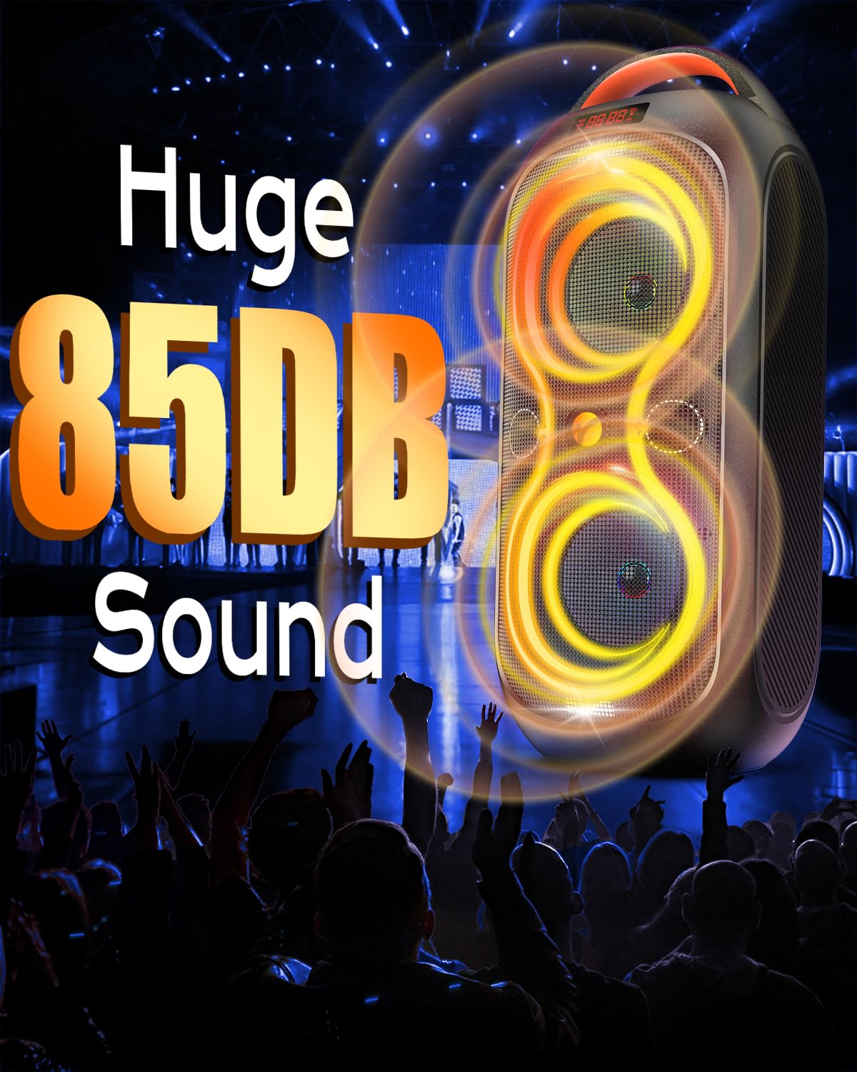 Party Bluetooth Speaker with Dual 4" Woofers, 60W Peak Power, 12H Playtime, Dynamic LED Lights, TWS, FM, AUX, USB, Mic Input, Portable Rechargeable Speaker for Indoor & Outdoor Events -Updated Version E952118