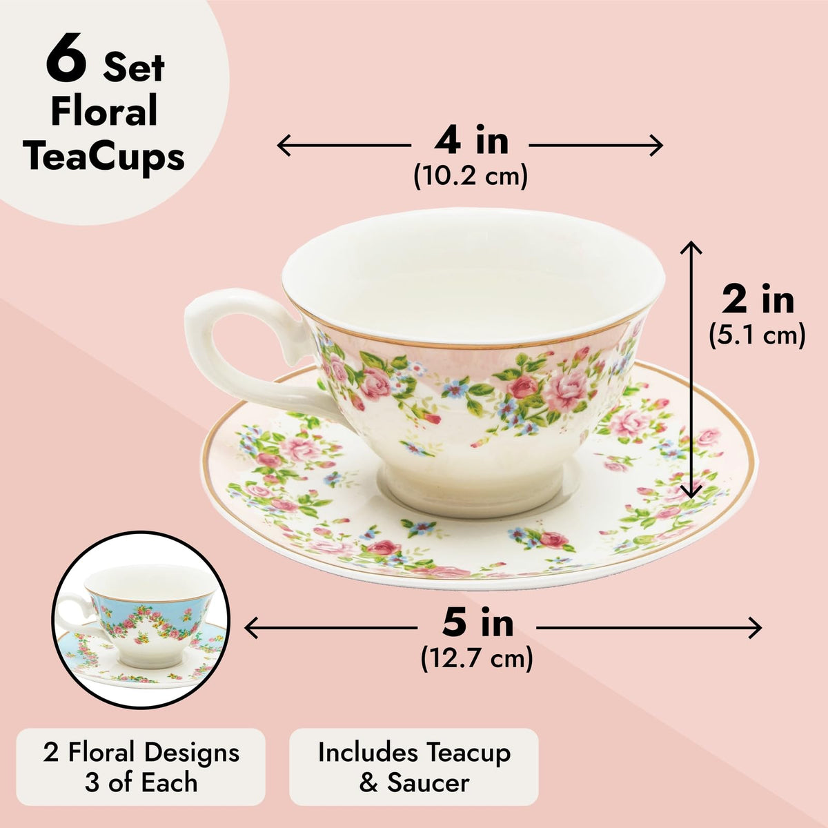 Floral Tea Cup & Saucer Set 8 Oz 12-Piece Multicolor D870