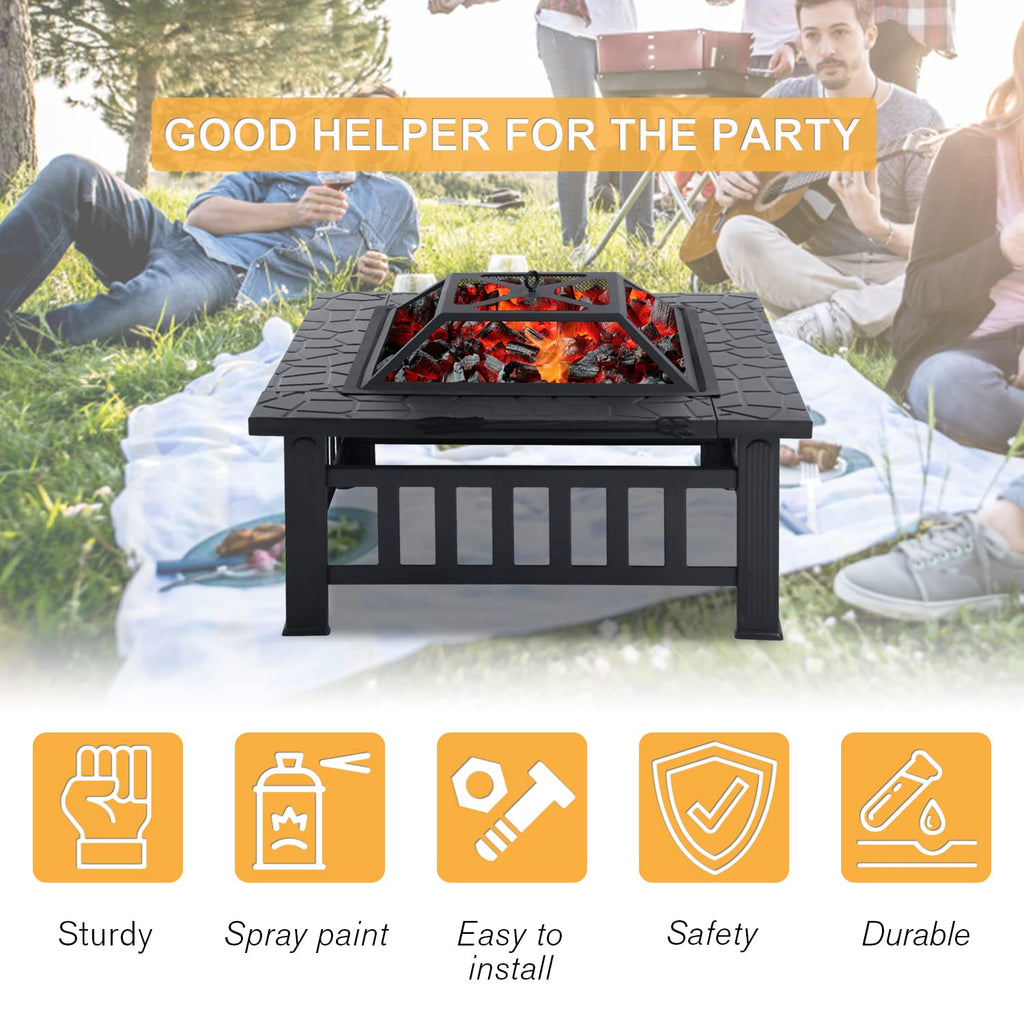 32" Square Wood Burning Fire Pit Table with Spark Screen Q392