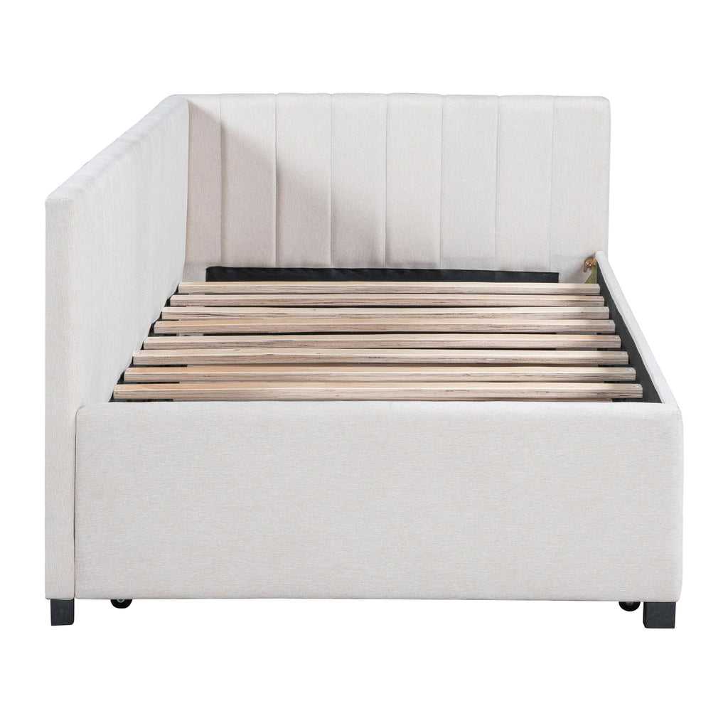 Upholstered Daybed with Trundle Linen Fabric Beige Twin D6510
