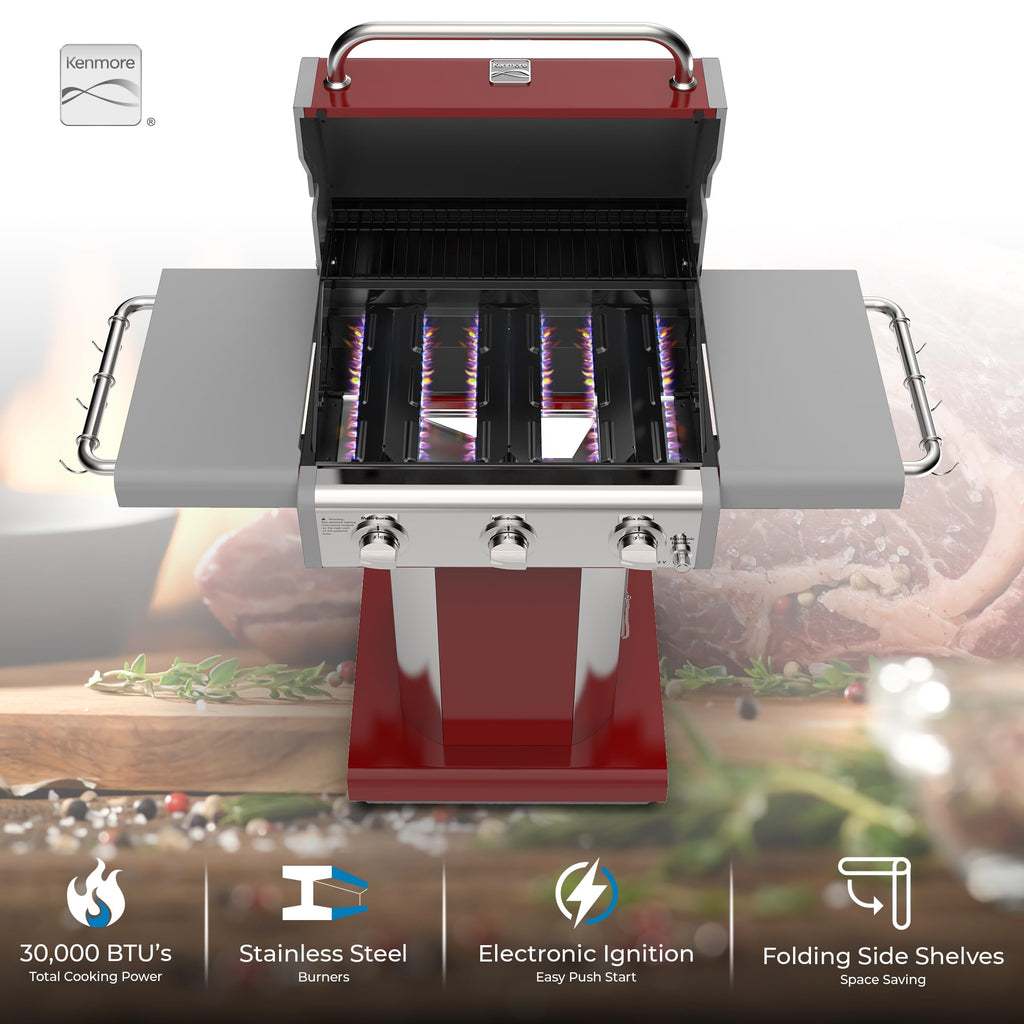 3-Burner Liquid Propane Gas Grill with Folding Sides, Wheels, 30000 BTU, Red Y200