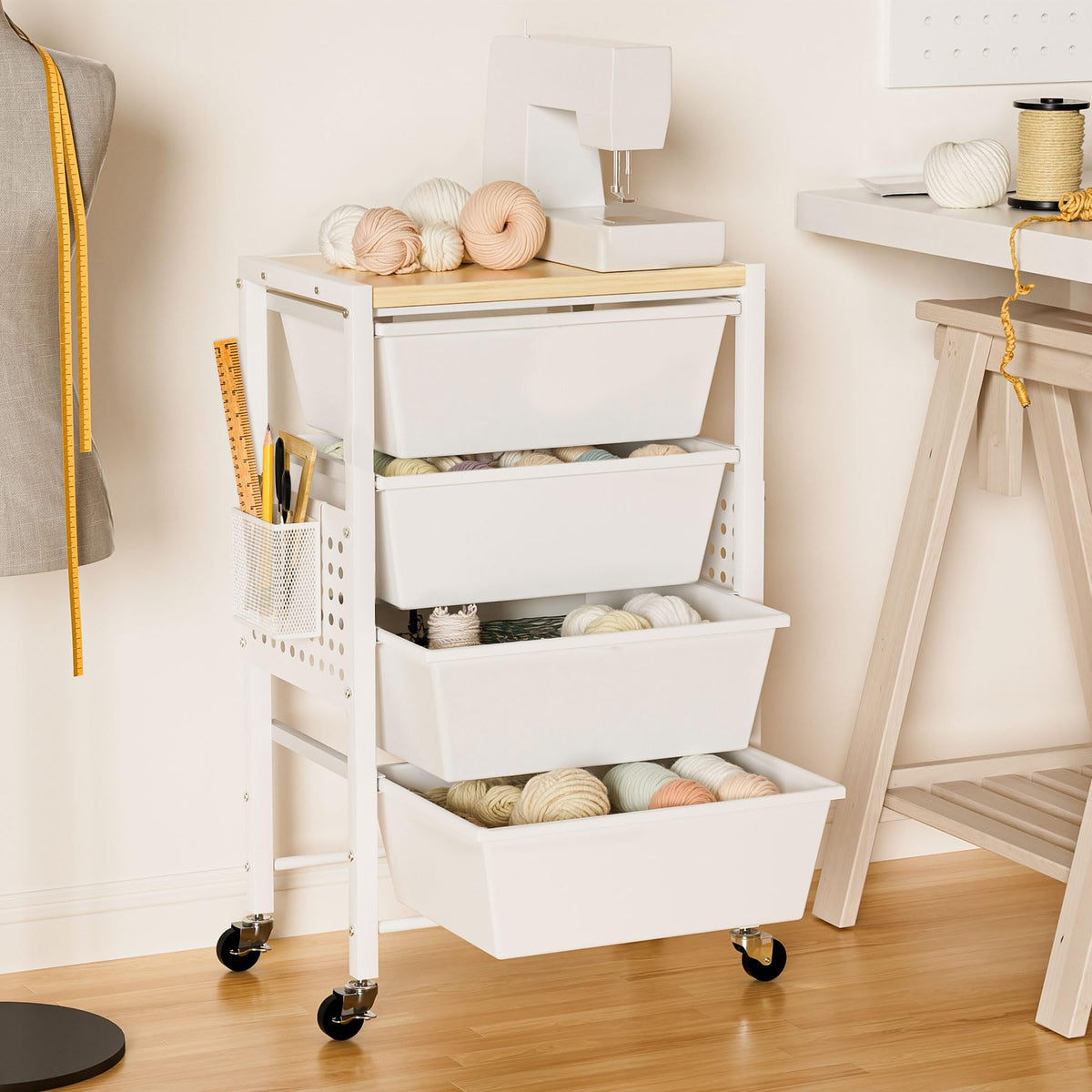 Rolling Storage Cart with 5 Plastic Drawers and Wooden Tabletop S91056