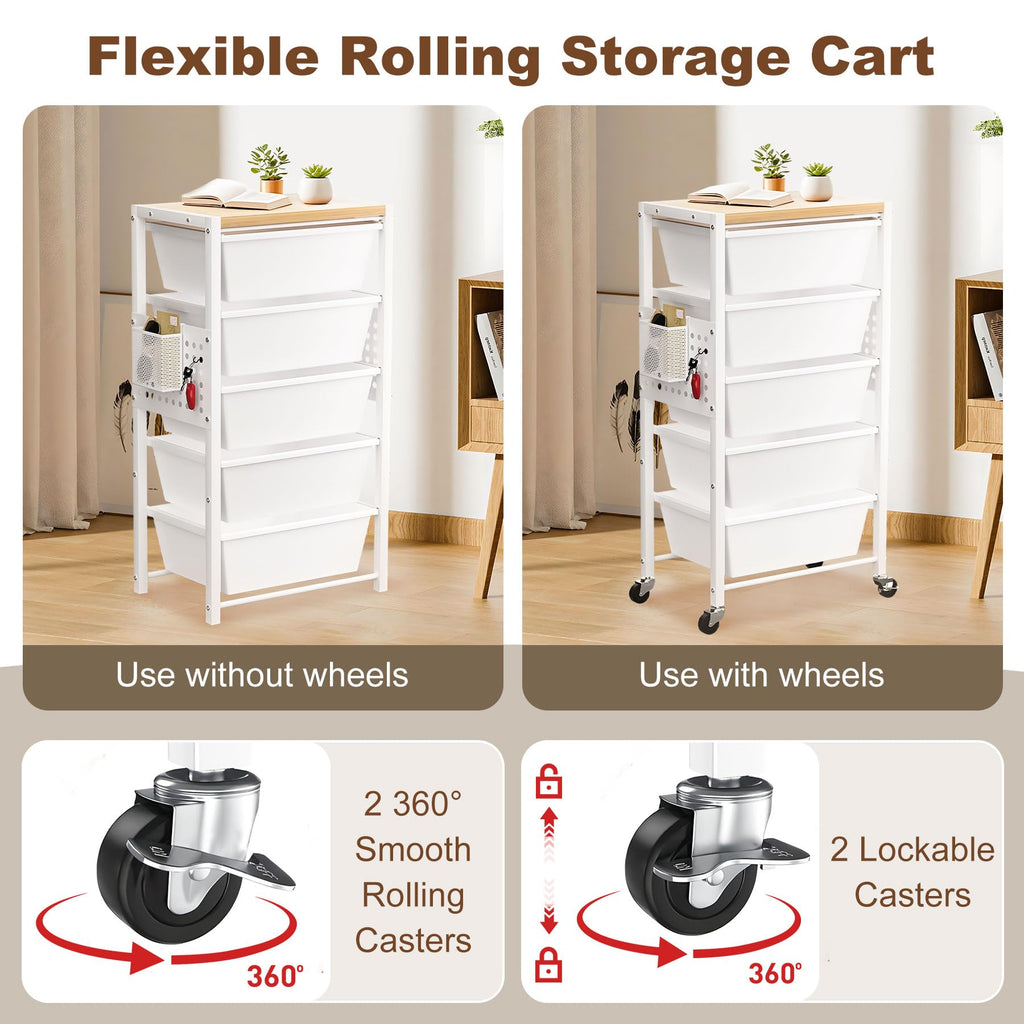 Rolling Storage Cart with 5 Plastic Drawers and Wooden Tabletop S91056