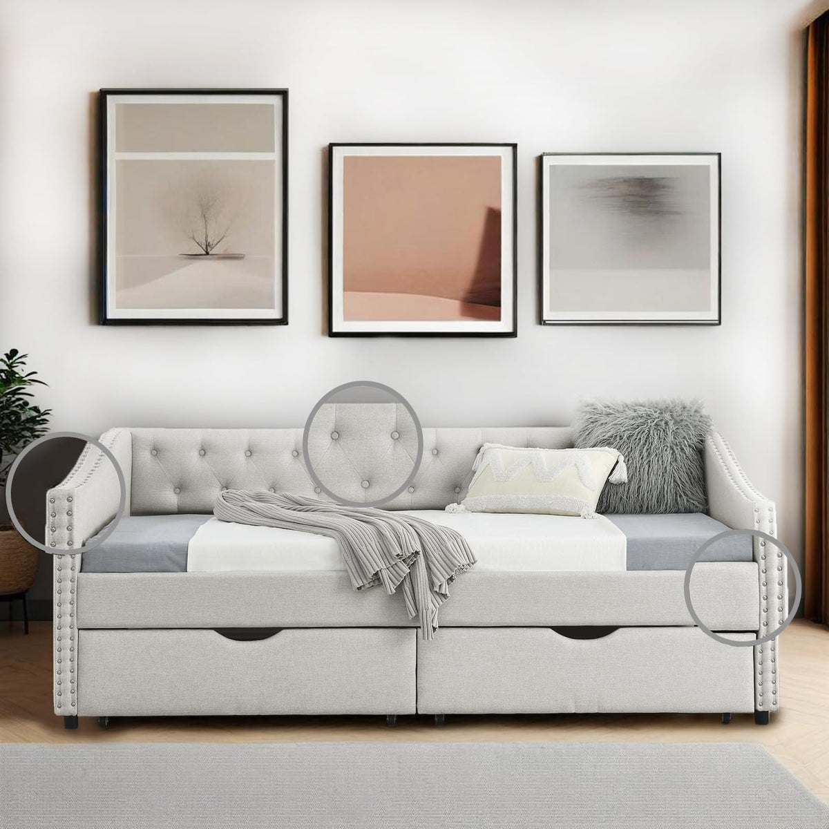 Twin Linen Upholstered Daybed with 2 Storage Drawers B650804