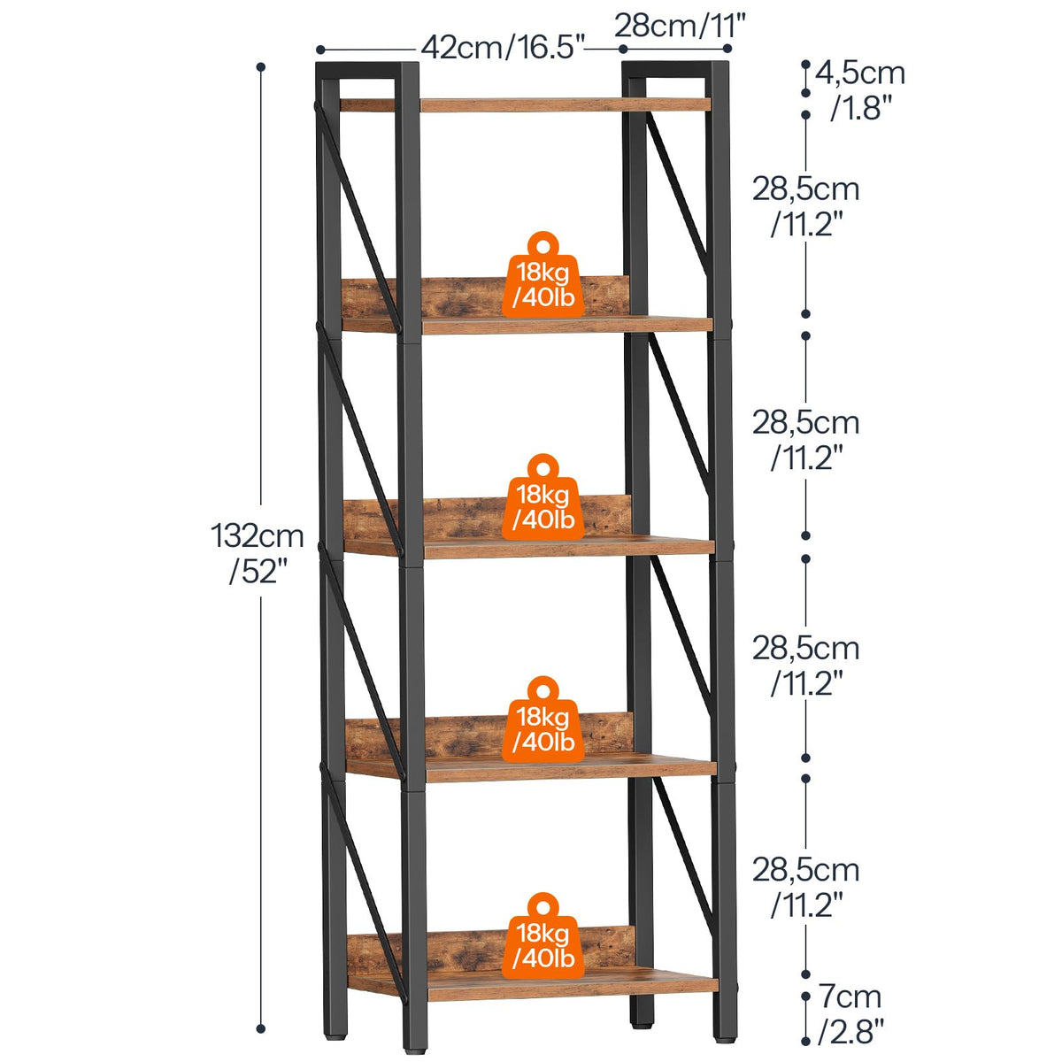 5-Tier Industrial Bookshelf with Metal Frame A587