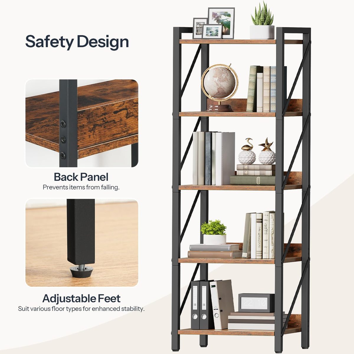 5-Tier Industrial Bookshelf with Metal Frame A587
