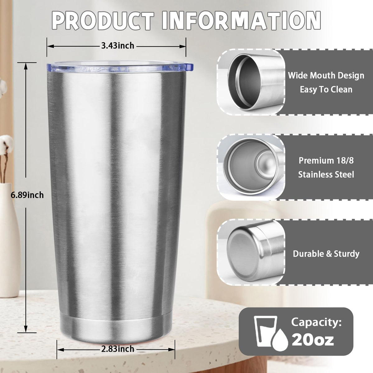 20 oz Stainless Steel Insulated Tumbler with Lids and Straws J6925