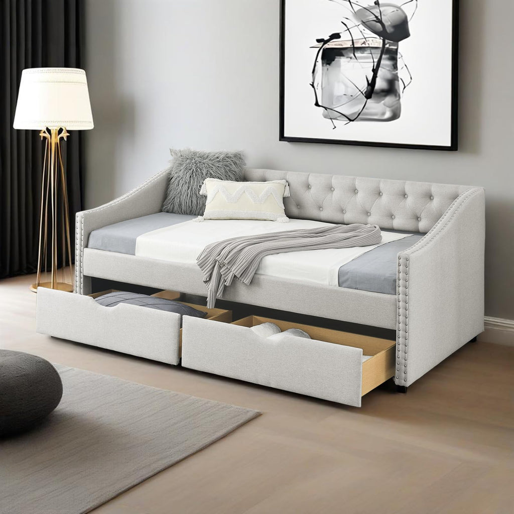 Twin Linen Upholstered Daybed with 2 Storage Drawers B650804
