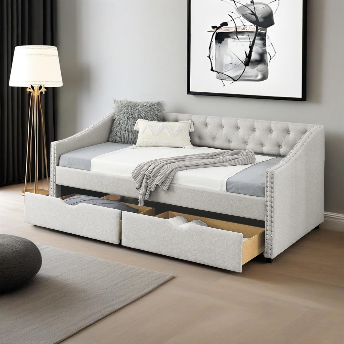 Twin Linen Upholstered Daybed with 2 Storage Drawers B650804