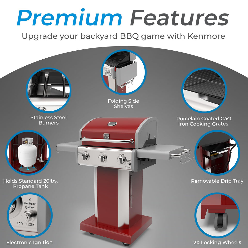 3-Burner Liquid Propane Gas Grill with Folding Sides, Wheels, 30000 BTU, Red Y200