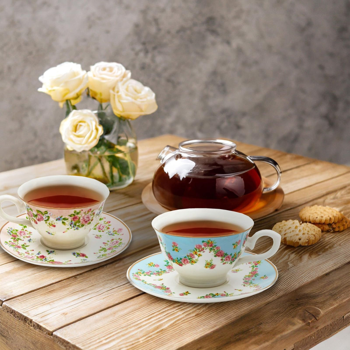 Floral Tea Cup & Saucer Set 8 Oz 12-Piece Multicolor D870