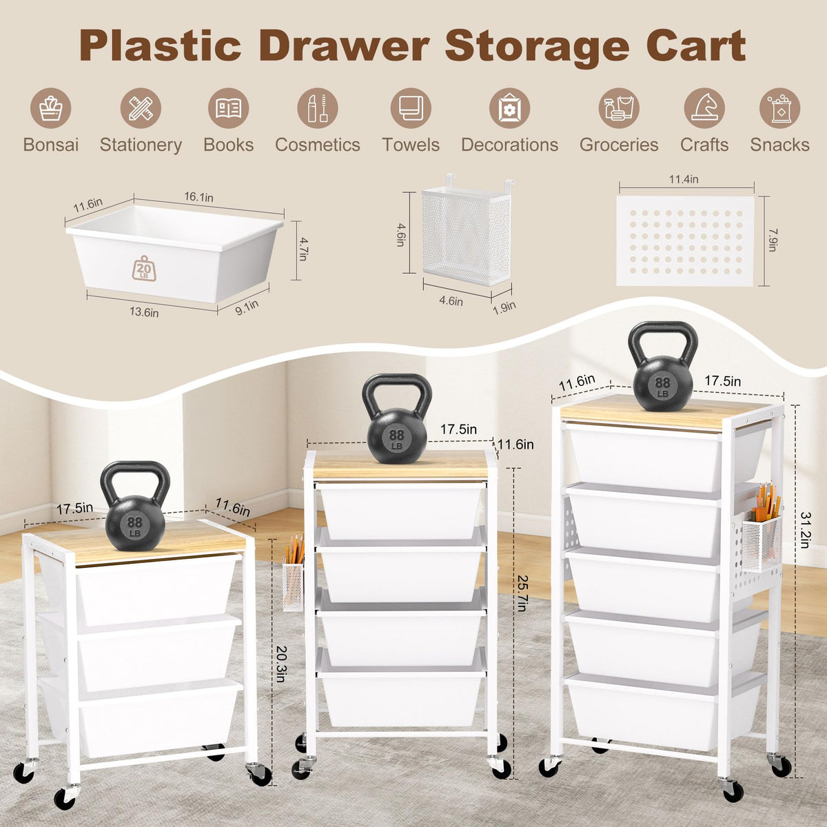 Rolling Storage Cart with 5 Plastic Drawers and Wooden Tabletop S91056