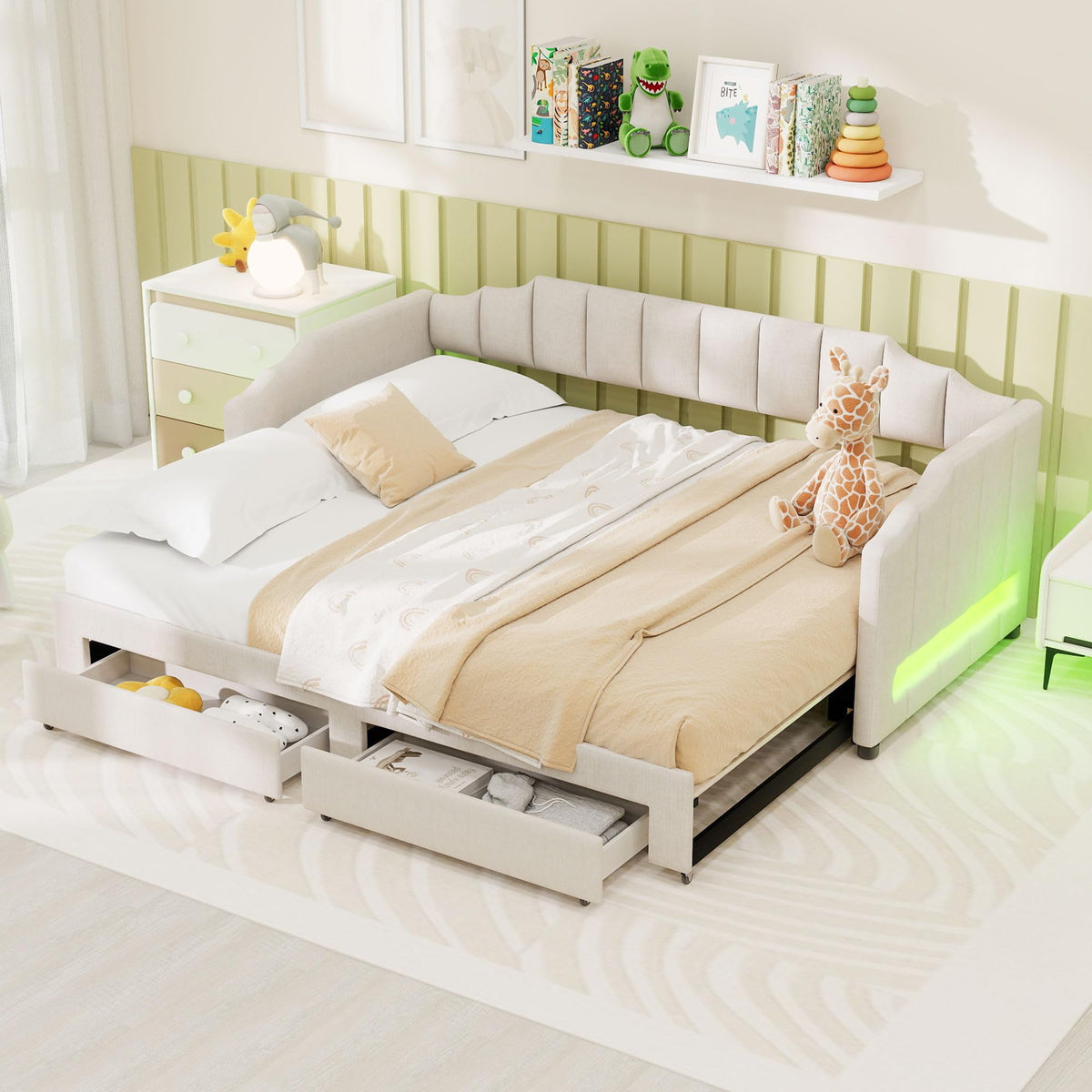 Twin XL Linen Upholstered Daybed with Storage Drawers and LED Light S211