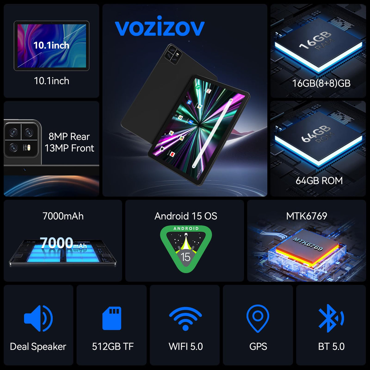 10.1 inch Android 15 Tablet Octa-Core 16GB RAM 64GB ROM W94086