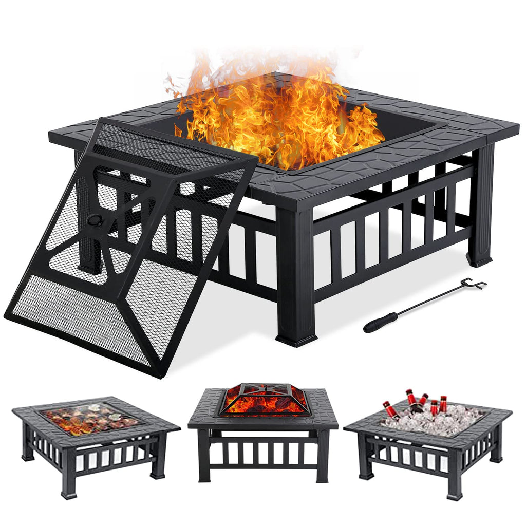 32" Square Wood Burning Fire Pit Table with Spark Screen Q392