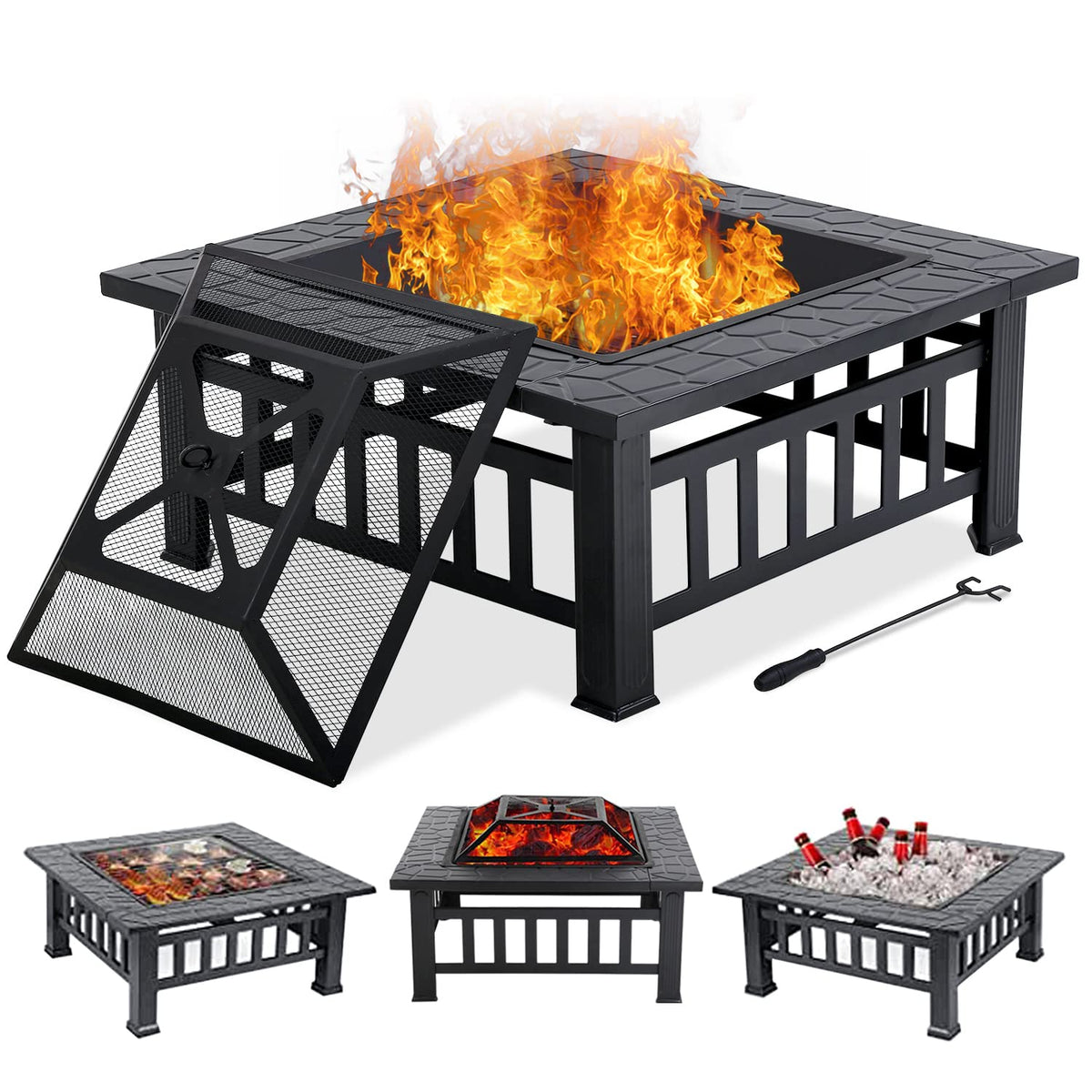 32" Square Wood Burning Fire Pit Table with Spark Screen Q392