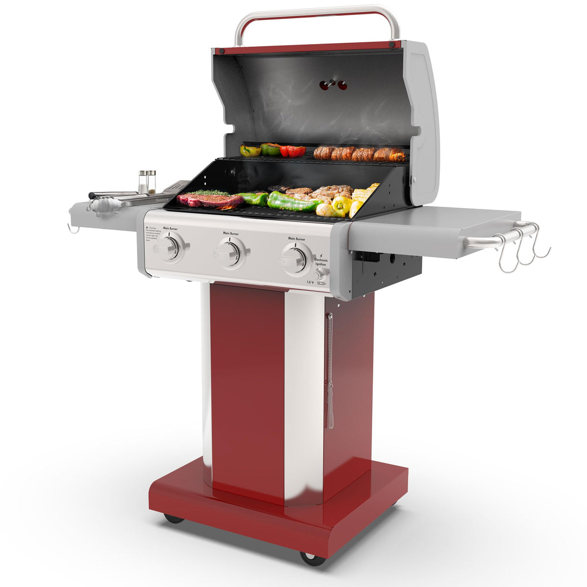 3-Burner Liquid Propane Gas Grill with Folding Sides, Wheels, 30000 BTU, Red Y200