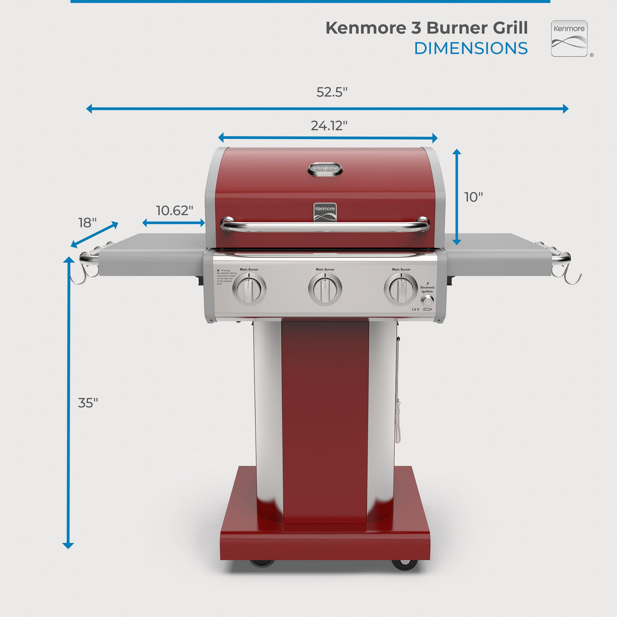 3-Burner Liquid Propane Gas Grill with Folding Sides, Wheels, 30000 BTU, Red Y200