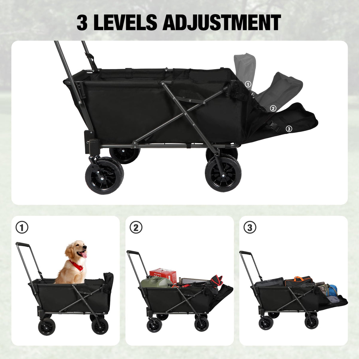 Folding Dog Wagon Cart with Extendable Rear End, 220L Collapsible Utility Cart, Black U74150