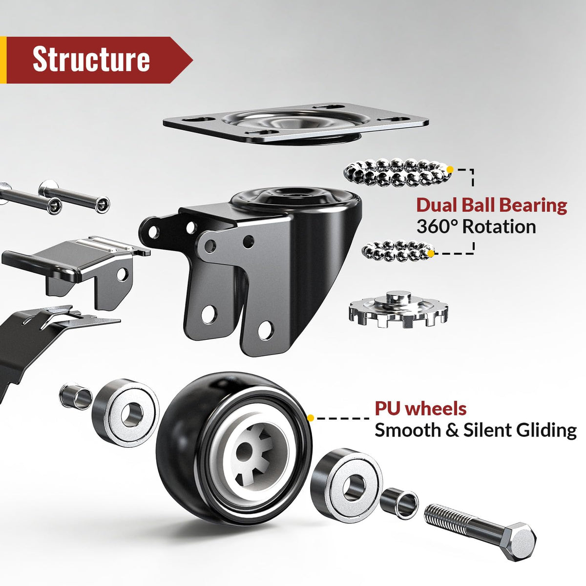 2 Inch Heavy Duty PU Caster Wheels, Set of 4 U311272