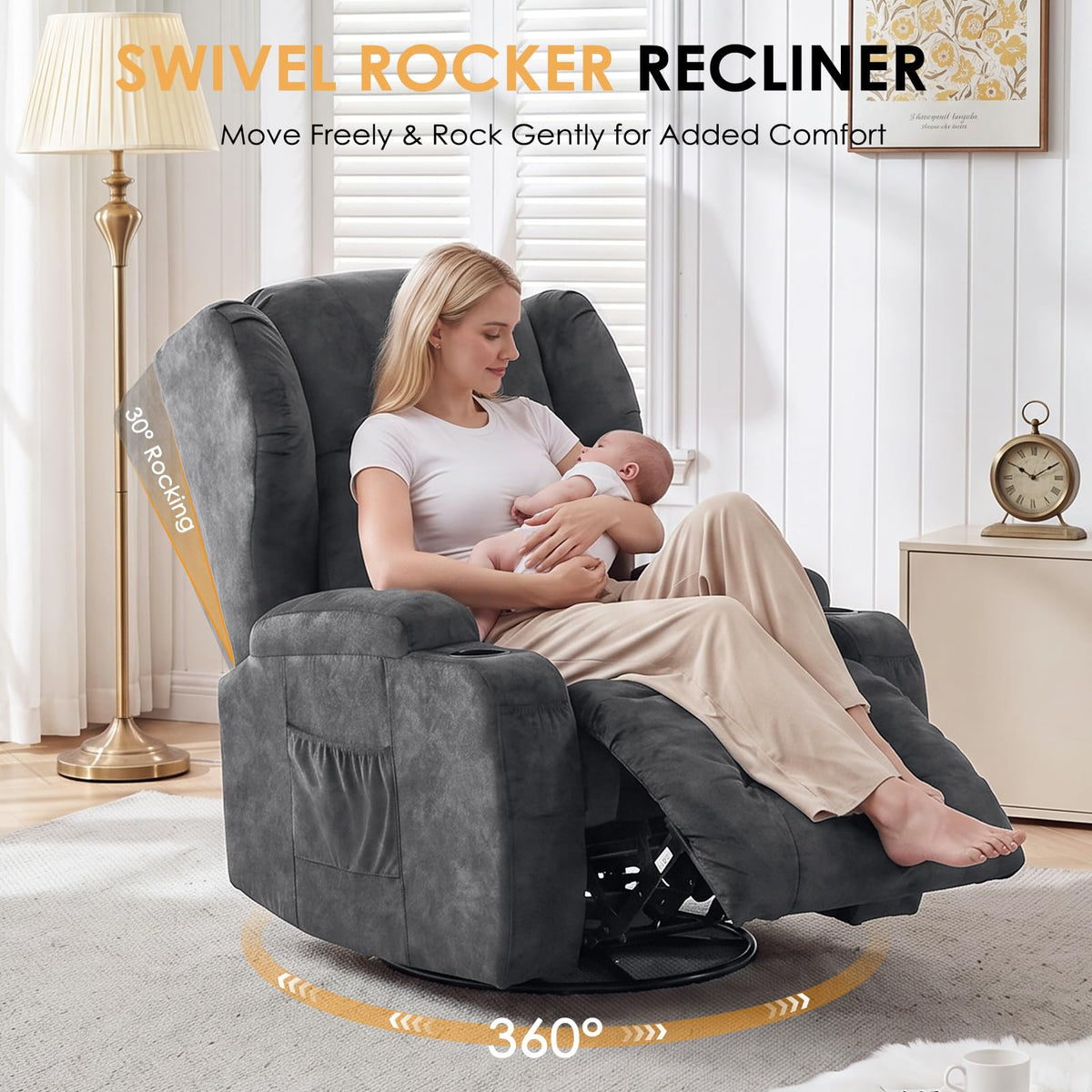Oversized Velvet Swivel Rocker Recliner Chair with Cup Holders R48189
