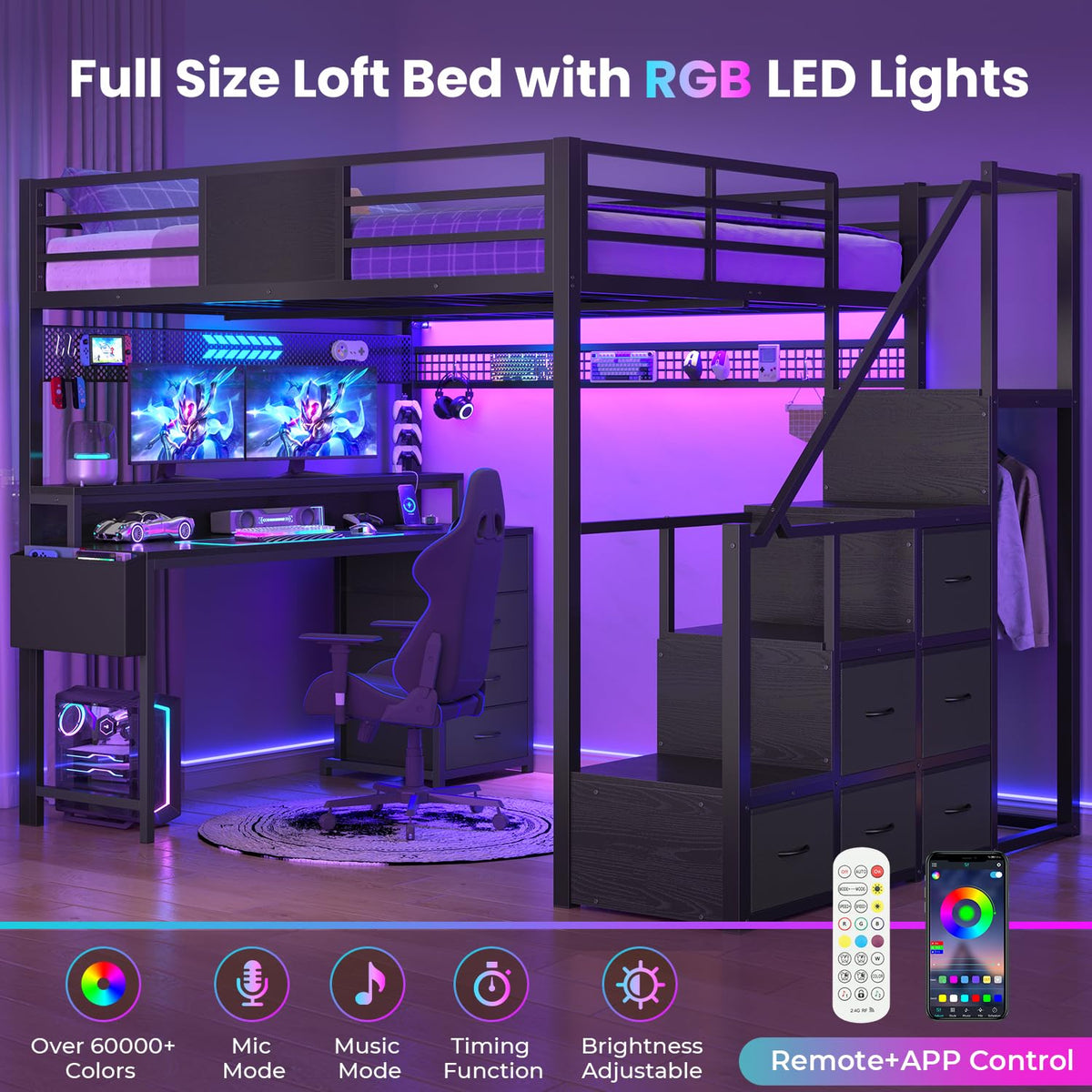 Full Size Loft Bed with Desk and Storage Stairs C91585