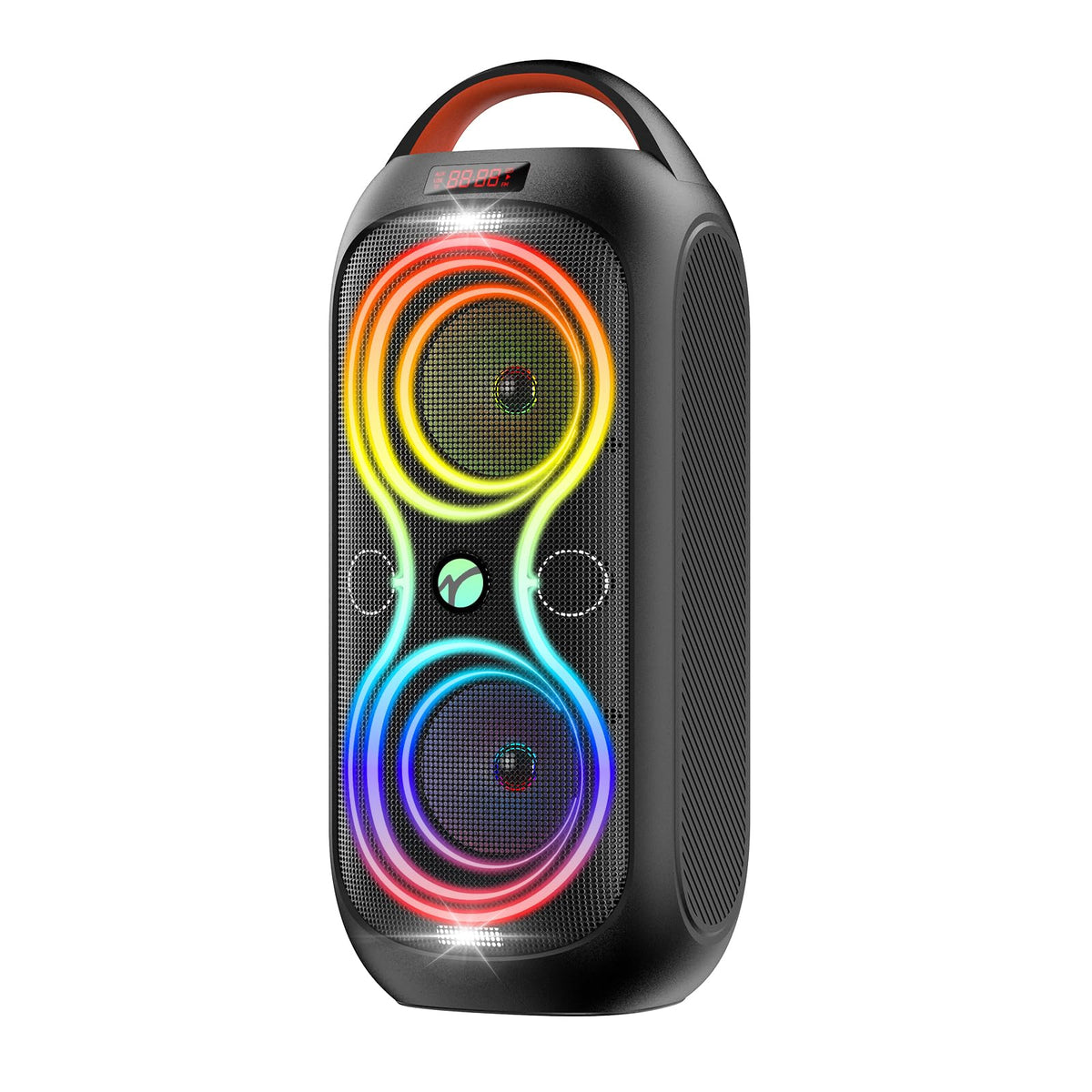 Party Bluetooth Speaker with Dual 4" Woofers, 60W Peak Power, 12H Playtime, Dynamic LED Lights, TWS, FM, AUX, USB, Mic Input, Portable Rechargeable Speaker for Indoor & Outdoor Events -Updated Version E952118