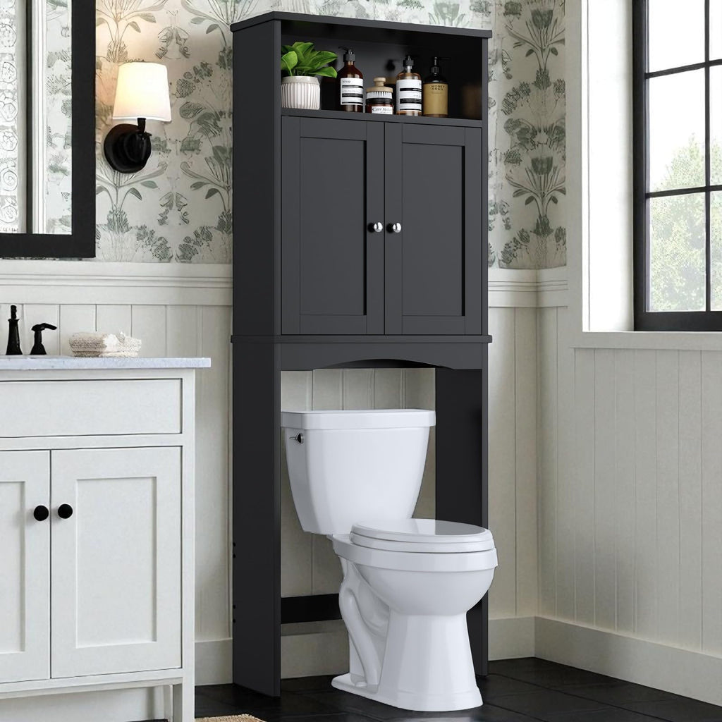 Over The Toilet Storage Cabinet with Adjustable Shelf and Double Door, Black G63899
