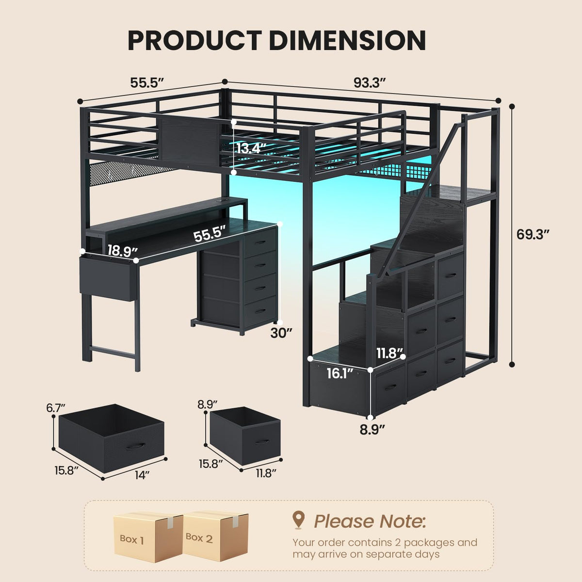 Full Size Loft Bed with Desk and Storage Stairs C91585