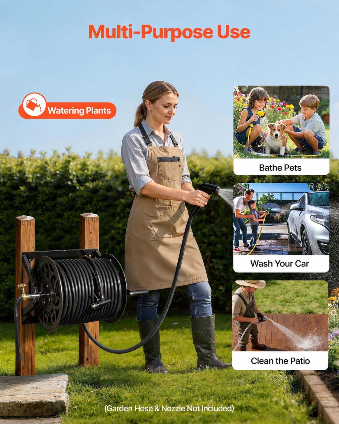 Wall Mounted Garden Hose Reel, Holds 200 ft 5/8" Hose, Heavy-Duty Steel Manual Winder H627