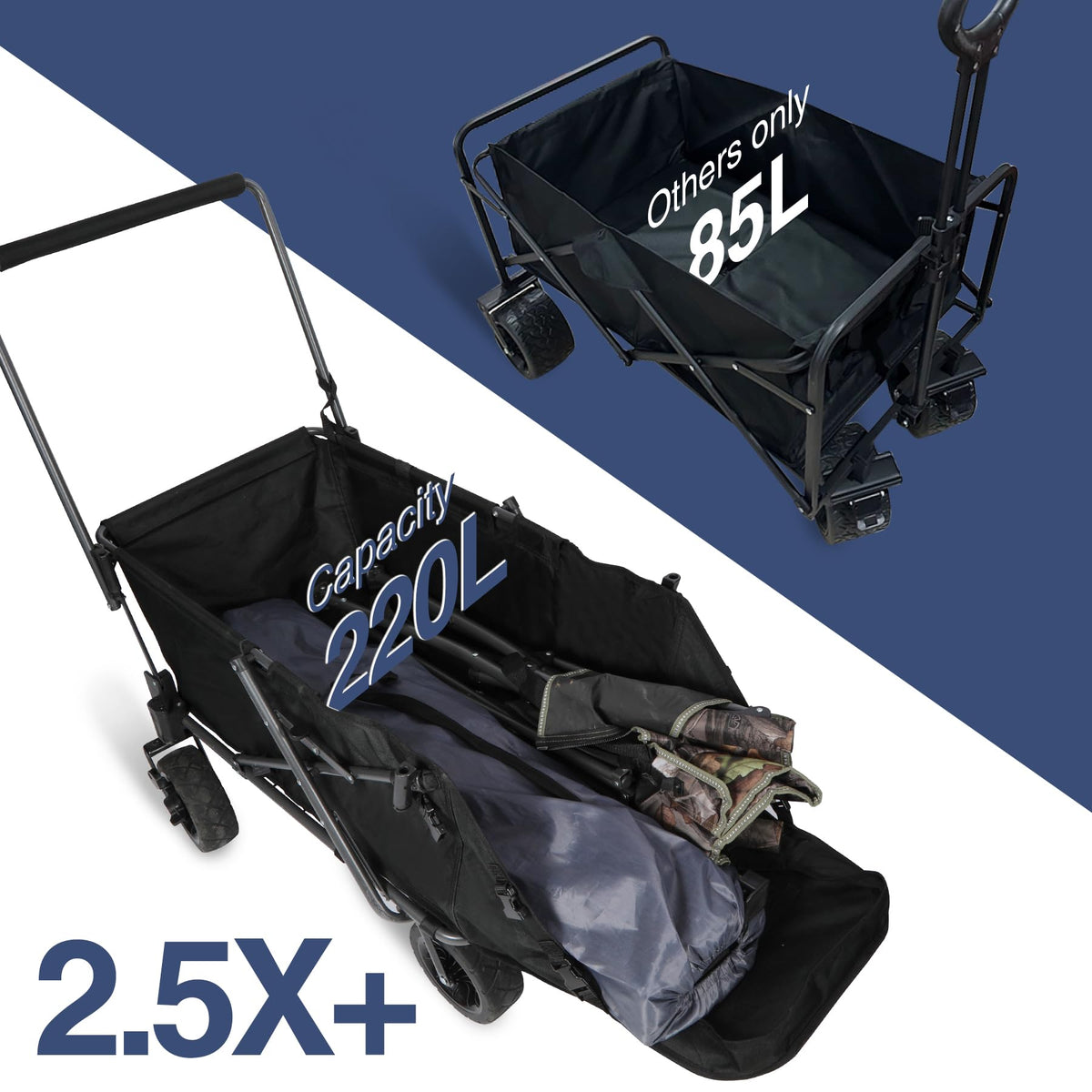 Folding Dog Wagon Cart with Extendable Rear End, 220L Collapsible Utility Cart, Black U74150