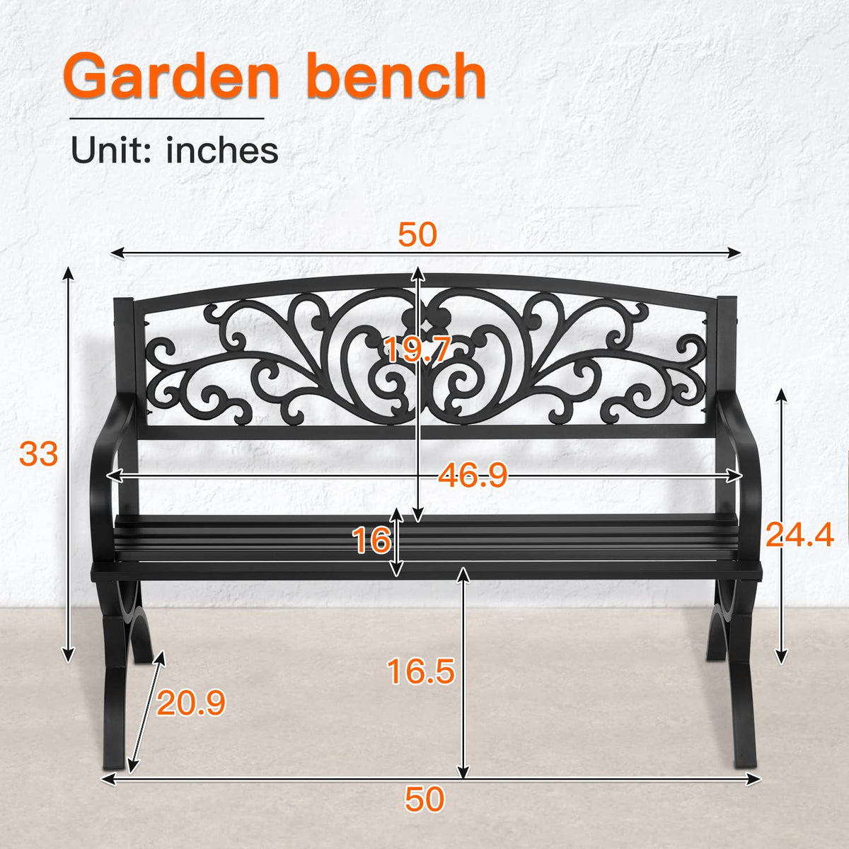 50 inch Black Metal Patio Garden Bench with Armrests V655458