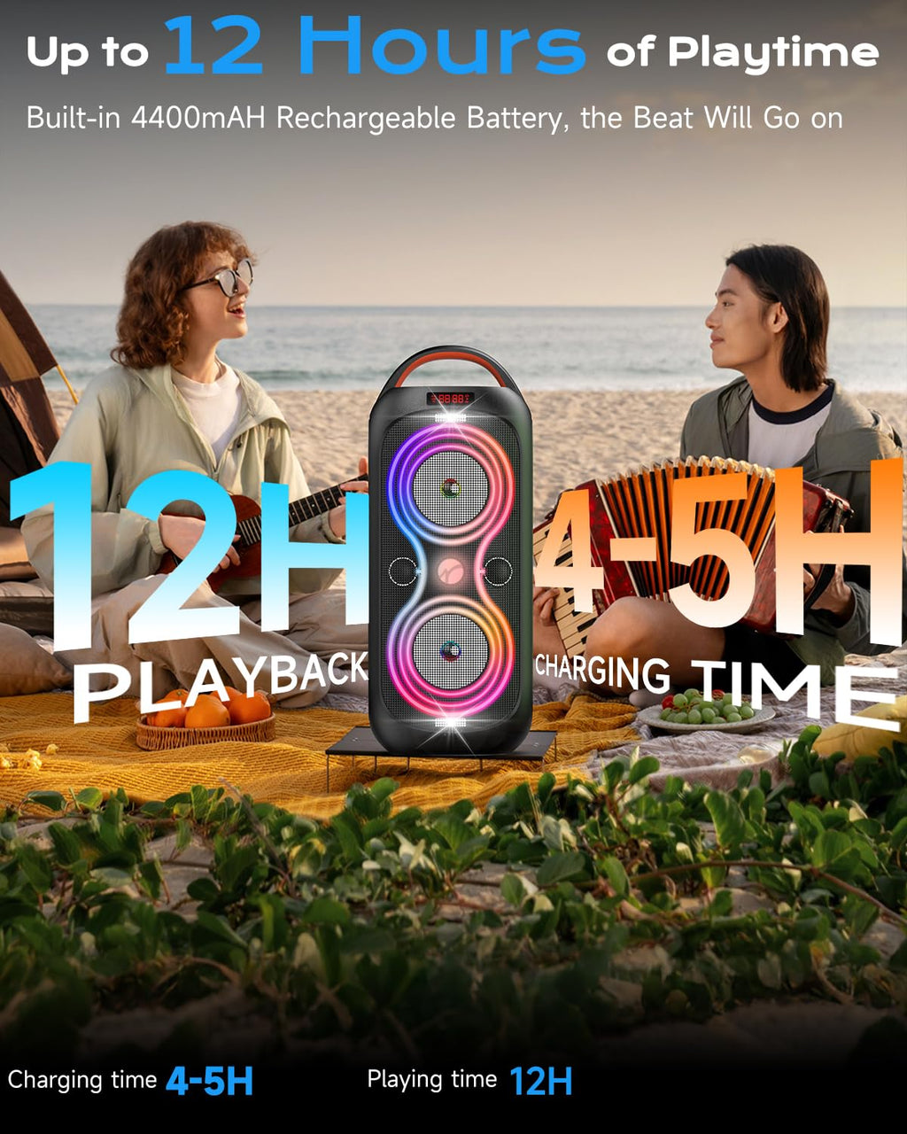 Party Bluetooth Speaker with Dual 4" Woofers, 60W Peak Power, 12H Playtime, Dynamic LED Lights, TWS, FM, AUX, USB, Mic Input, Portable Rechargeable Speaker for Indoor & Outdoor Events -Updated Version E952118