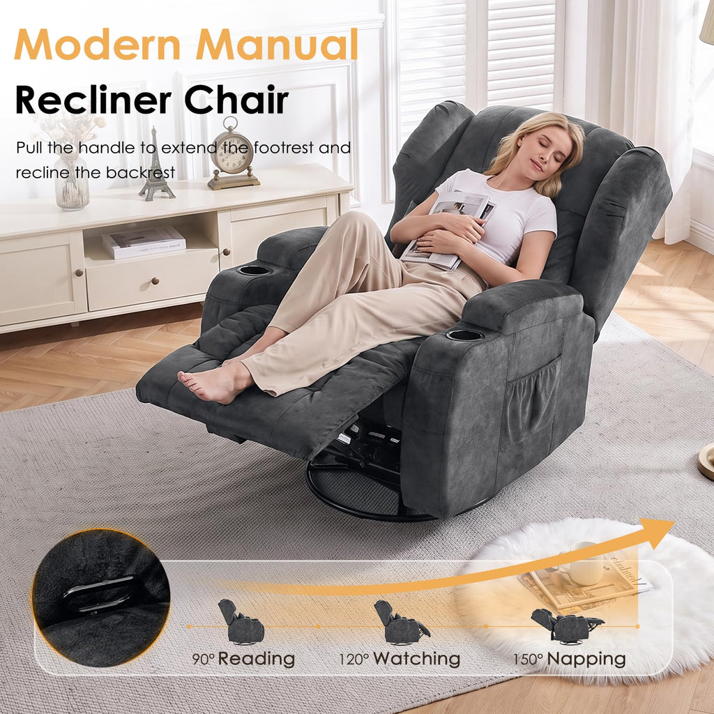 Oversized Velvet Swivel Rocker Recliner Chair with Cup Holders R48189